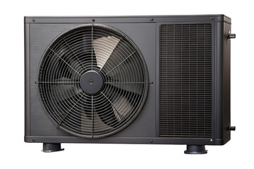 Dark gray outdoor AC unit with large circular fan and ventilation grille, isolated on a transparent background