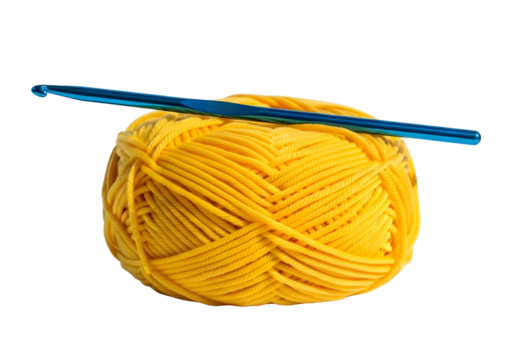 Yellow yarn ball with crochet hook isolated on transparent background
