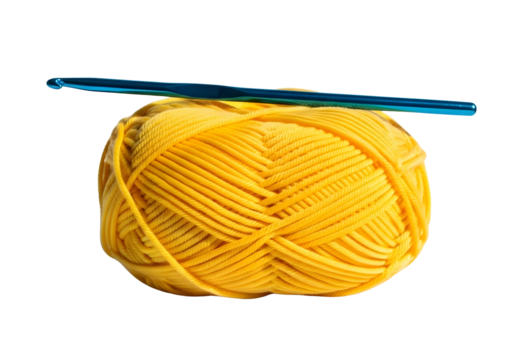Yellow yarn ball with crochet hook isolated on transparent background