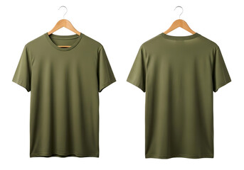 Two olive green t shirts front and back isolated on transparent background