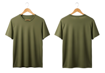 Two olive green t shirts front and back isolated on transparent background