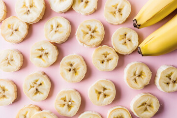 Sliced fresh banana fruit on pink background