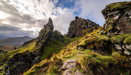 Jagged Rocky Mountain Peaks With Green Moss And White Flowers Under A Cloudy Sky With Sunlight Shining Through