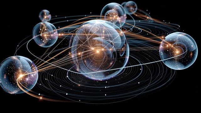 Ontology philosophy concept. Knowledge. Existence understanding. Metaphysics concept. Cognition understanding. Abstract representation of interconnected glowing spheres in space
