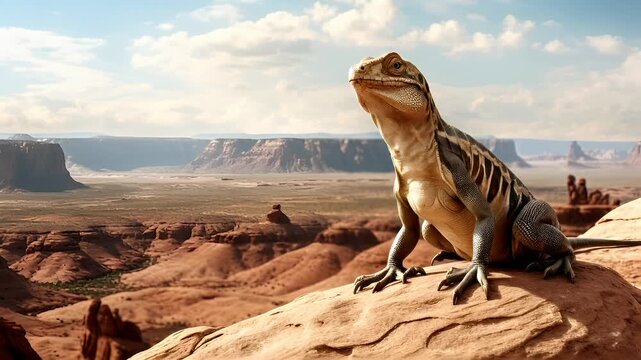 A detailed, realistic portrayal of a lizard in a desert landscape. The lizard is perched on a rock, with a backdrop of a vast, open landscape stretching out to the horizon.