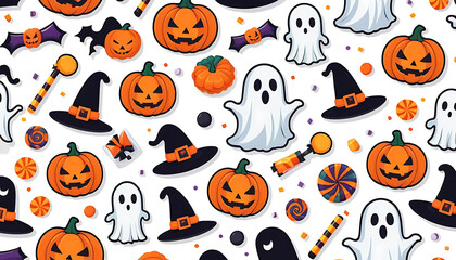 Naklejka premium Halloween Pattern with Jack-o-lanterns Ghosts Witch Hats Candy and Spooky Decorations