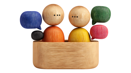 Wooden figures in a bowl with colorful speech bubbles isolated on transparent background.
