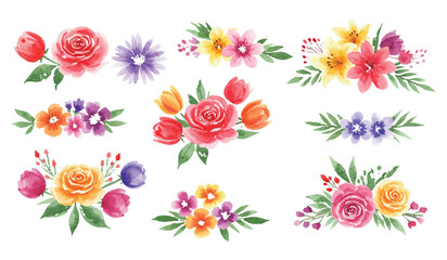 Artistic set of various floral compositions and arrangements painted with watercolors. Hand-drawn romantic flower bunches and decorative elements for design.