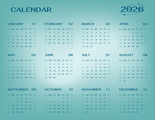 2026 year english calendar template horizontal single page of 12 month in gradient Transformative Teal design.