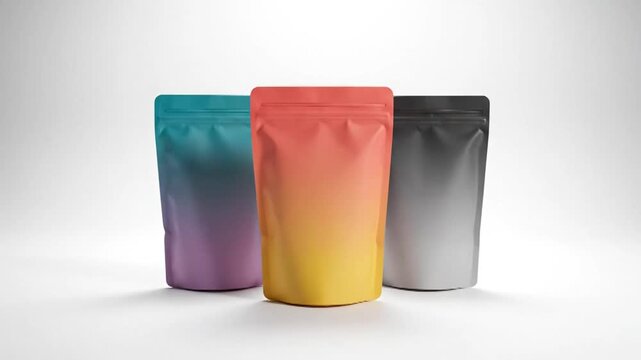 Three Colorful Stand-Up Pouches with Gradient Hues Floating and Standing on a White Background.