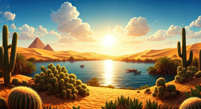 A vibrant desert oasis scene with pyramids, cacti, a lake, and sunset