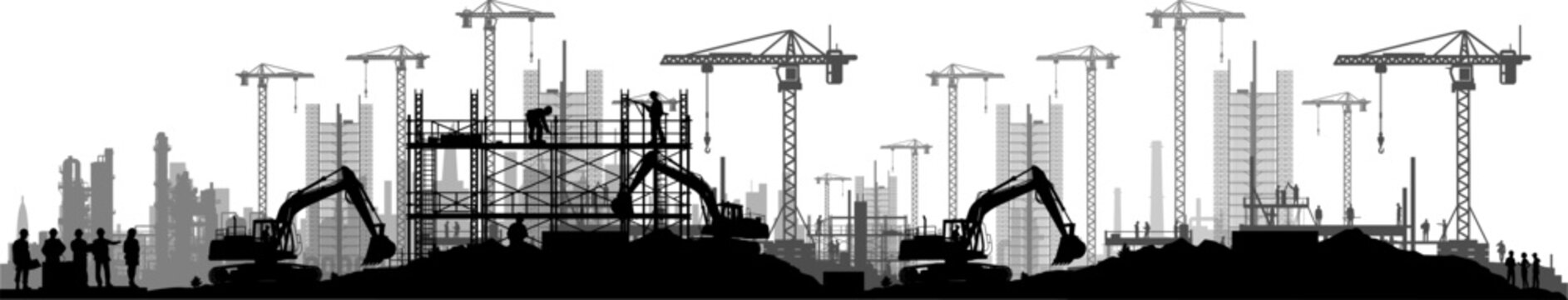 Vektor Silhouetten Bauindustrie - Baumaschinen und Baukr&auml;ne im Einsatz auf Baustellen - Industrie und Anlagen Investitionen in der Wirtschaft und Unternehmen - Bagger