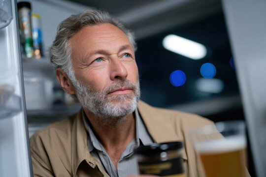 A pensive man with gray hair stands near a refrigerator, holding a beverage that reinforces contemplation, set in a softly lit environment capturing a moment of pause.