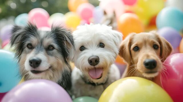 Pets partying with colorful balloons, festive gatherings in animal fun, joyful moments in pet celebrations, celebration vibes with balloon decor, event highlights in unique parties