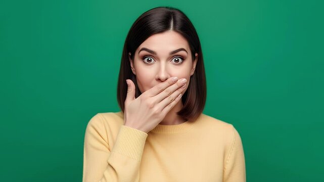 Shocked Woman Covers Mouth, Reveals Surprise on Green Background