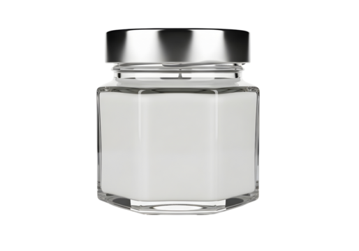 Clear glass hexagonal jar with silver lid isolated on transparent background