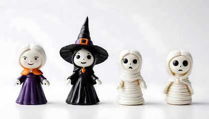 Obraz premium Cute Halloween Witch and Ghost Figurines Set in White Background