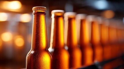 Spotlight on a conveyor line in a brewery where freshly bottled beer gleams. The warm glow reflects the hard work and dedication of the brewing process in a lively environment