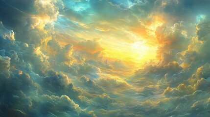 Fototapeta premium Golden light pierces through layers of fluffy clouds forming a heavenly skyscape with varied hues.
