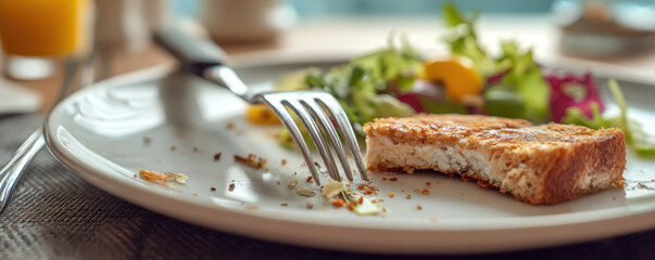 Half eaten sandwich on white plate with fork and fresh salad showing cost and living impact of food waste in daily meals