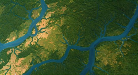 Fototapeta premium Aerial view of a river delta system, showing waterways, forests, and a land gradient