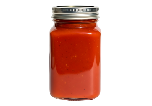 Glass jar filled with red sauce isolated on transparent background