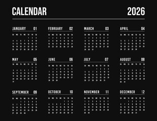 Black 2026 calendar horizontal page template with 12 month. English layout yearly planner week starts on sunday
