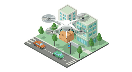 Obraz premium Drone delivery in urban isometric city block with cars and trees