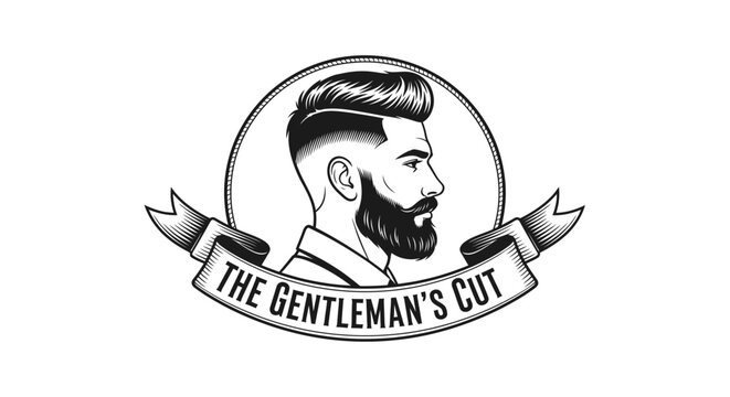 A black and white illustration of a stylish gentleman with a beard and a sharp haircut, featuring the text "The Gentleman's Cut" on a banner.