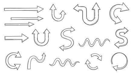 Collection of hand-drawn arrows in various shapes and directions, perfect for visual communication.