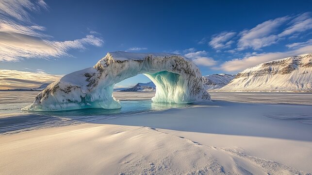 Ice arch stands dramatically over the frozen waters in an arctic landscape with mountainous backdrop and blue sky.