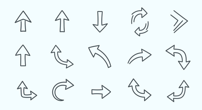 A diverse collection of hand-drawn arrow icons and symbols pointing in various directions.