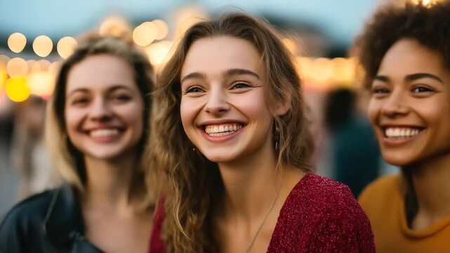 Young women laughing at a lively fest, festive gatherings in group joy, joyful moments in shared fun, celebration vibes with vibrant energy, event highlights in friend celebrations