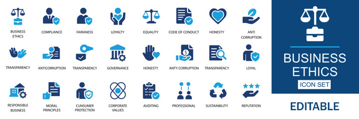 Business ethics icon set with compliance, fairness, integrity, loyalty, trust, equality, code of conduct, honesty, anti corruption, transparency. Solid vector illustration icons for corporate use.