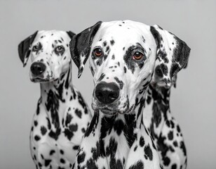 Three playful Dalmatian dogs posing together against a simple background