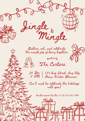 Christmas party invitation with hand-drawn objects. Vector illustration Christmas party invitation template.