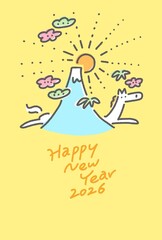 白馬と富士山と初日の出のポップな線画の年賀状　2026 松竹梅
