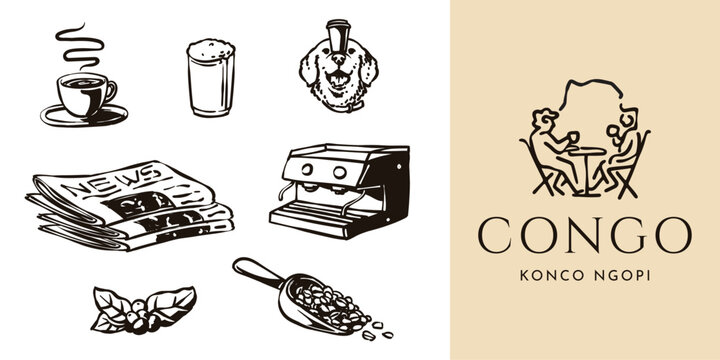 Illustration and logo element for coffee product and cafe. with morning routine coffee drink theme scene. Include some creative illustration element for menu & poste. dog, newspaper, espresso machine