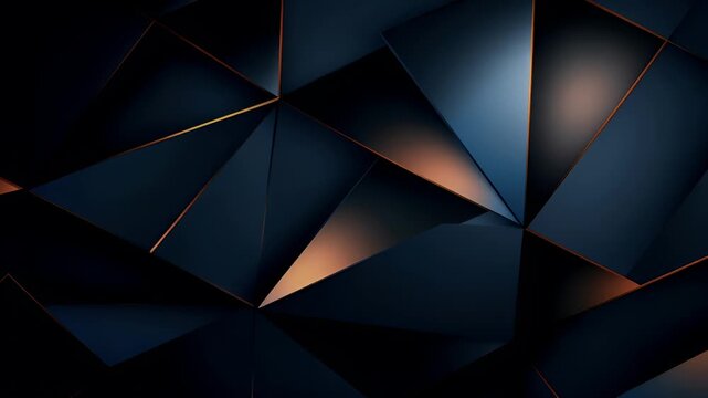 Digital art wallpaper background. A dark, abstract digital artwork featuring a geometric pattern of triangles and rectangles in varying shades of blue and copper.