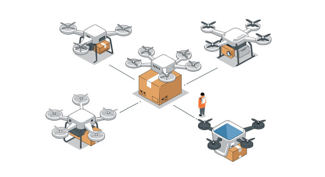 Isometric drone delivery network with package and worker interaction