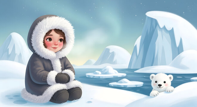 Whimsical Illustration of a Child in a Fur Hooded Parka with a Baby Polar Bear in the Arctic