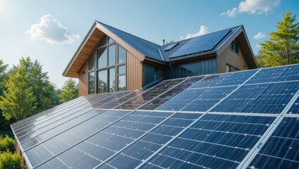 Modern Eco-Friendly House with Solar Panels on Roof Surrounded by Lush Green Trees and Clear Sky