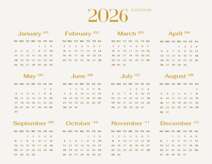 English 2026 calendar template single horizontal page in golden design. Layout monthly planner week starts on Sunday