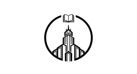 A minimalist black and white logo of a church and an open book inside a circle.