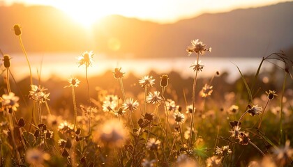 Golden sunset over wildflowers