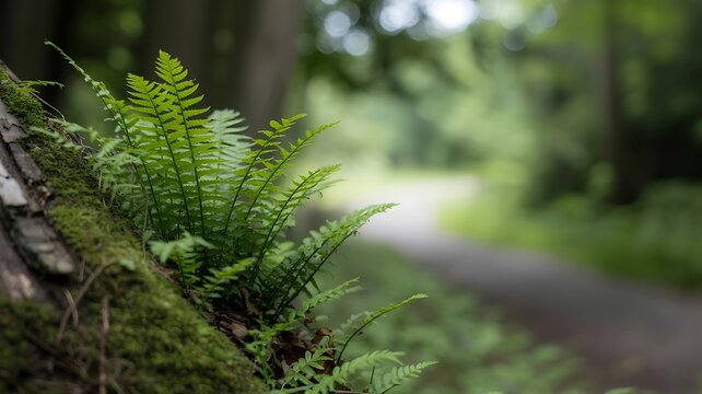 Lush green ferns growing on a moss-covered log with a blurred pathway in a tranquil forest environment - Powered by Adobe