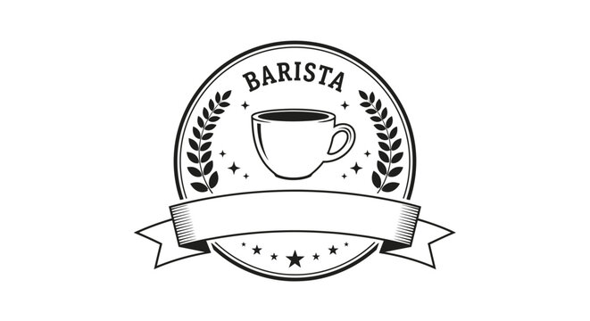 A black and white logo featuring a coffee cup, laurel wreath, and banner, labeled Barista. - Powered by Adobe