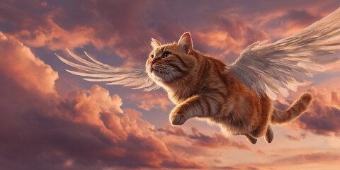 Majestic orange cat with angel wings soaring through a dramatic sunset sky
