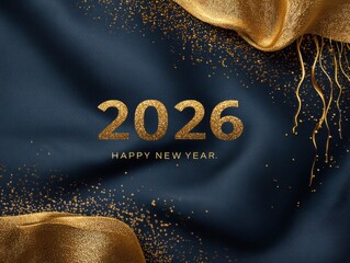 Happy new year 2026 with golden glitter on dark blue fabric