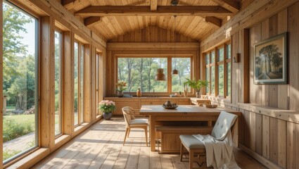 Spacious Wooden Interior of a Cozy Cottage Dining Room Surrounded by Lush Greenery and Natural Light